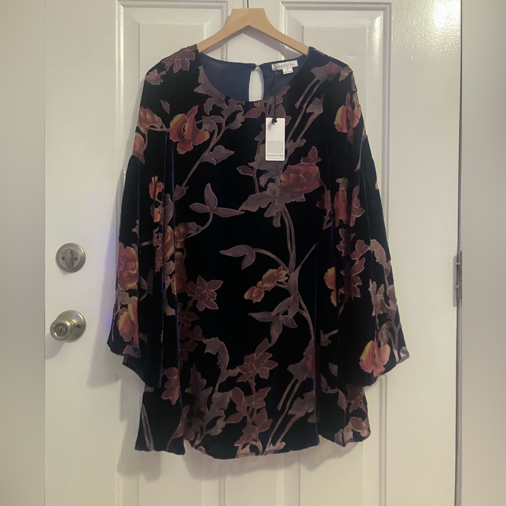 Loveriche -navy blue - velvet floral flare sleeve dress